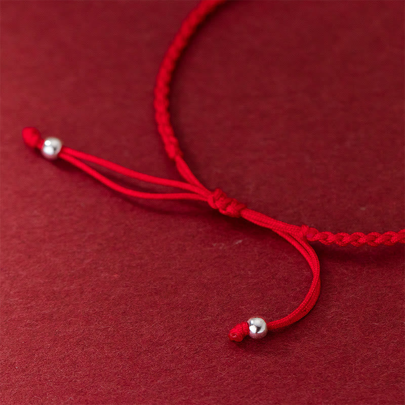 Retro 925 Sterling Silver Four-Leaf Clover and Pearl Red String Bracelet