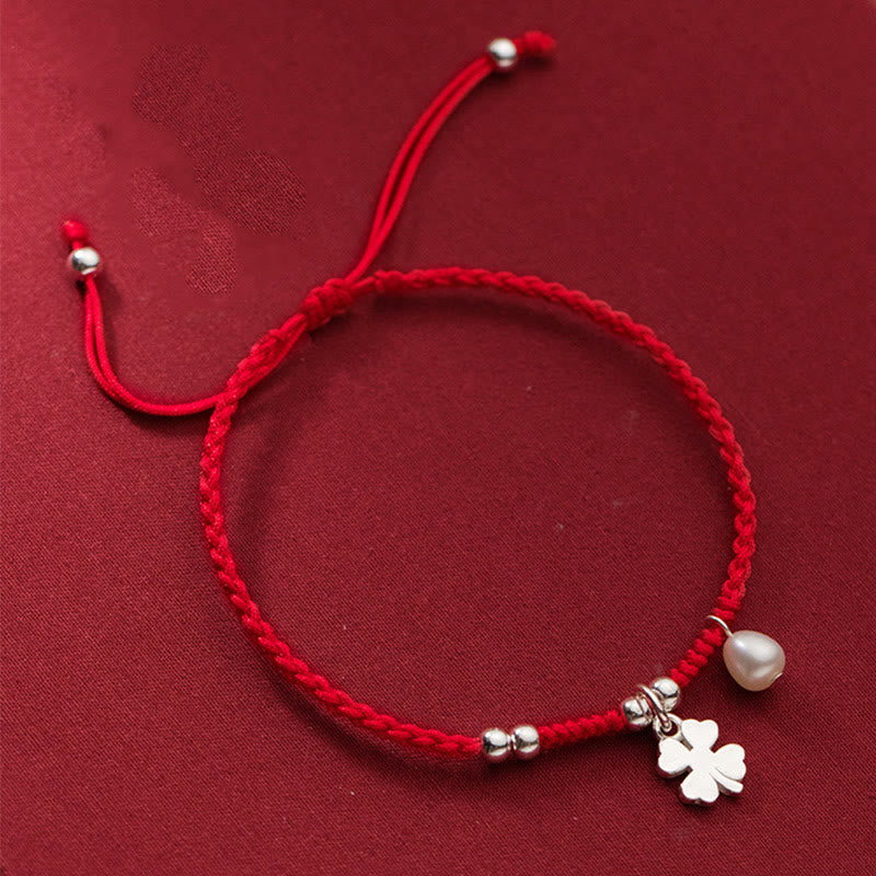 Retro 925 Sterling Silver Four-Leaf Clover and Pearl Red String Bracelet
