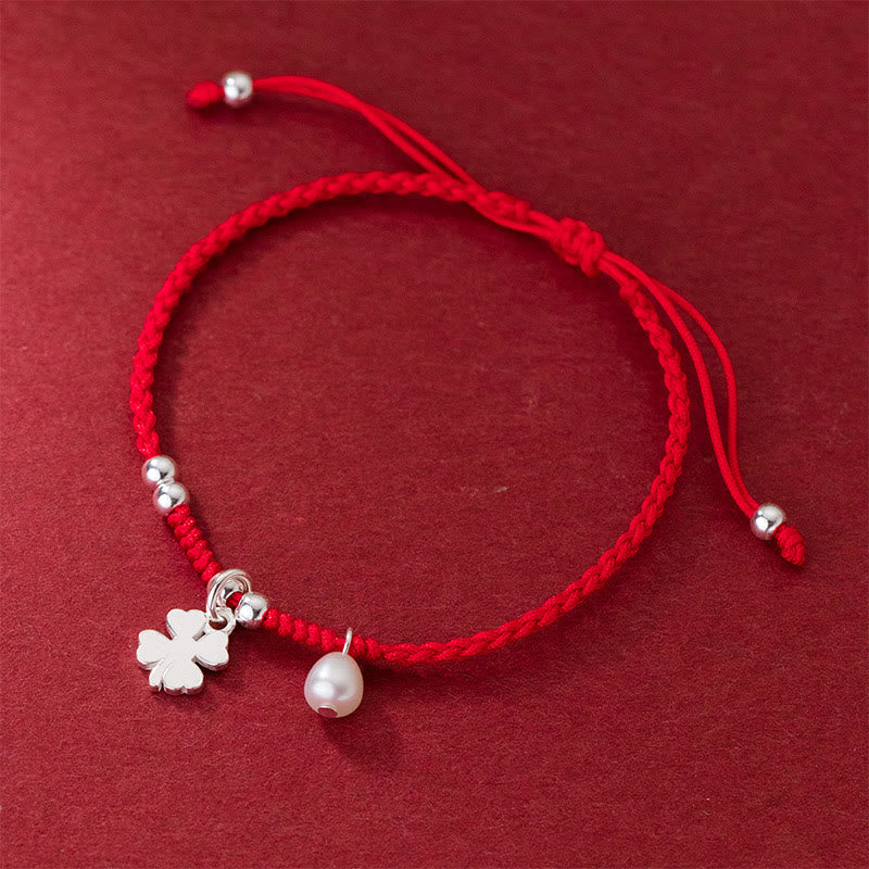 Retro 925 Sterling Silver Four-Leaf Clover and Pearl Red String Bracelet