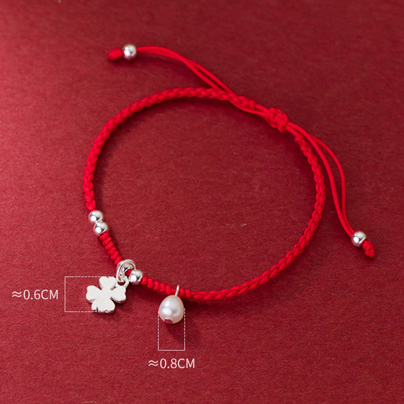 Retro 925 Sterling Silver Four-Leaf Clover and Pearl Red String Bracelet