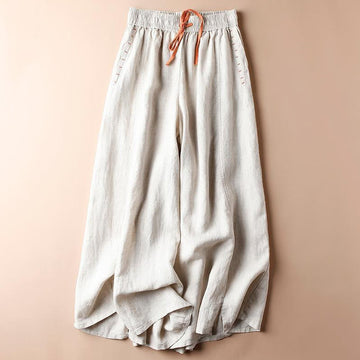 Casual Cotton Slit Hem Women's 7-8 Length Wide Leg Pants With Pockets