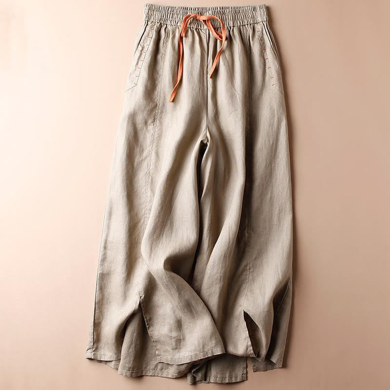 Casual Cotton Slit Hem Women's 7-8 Length Wide Leg Pants With Pockets