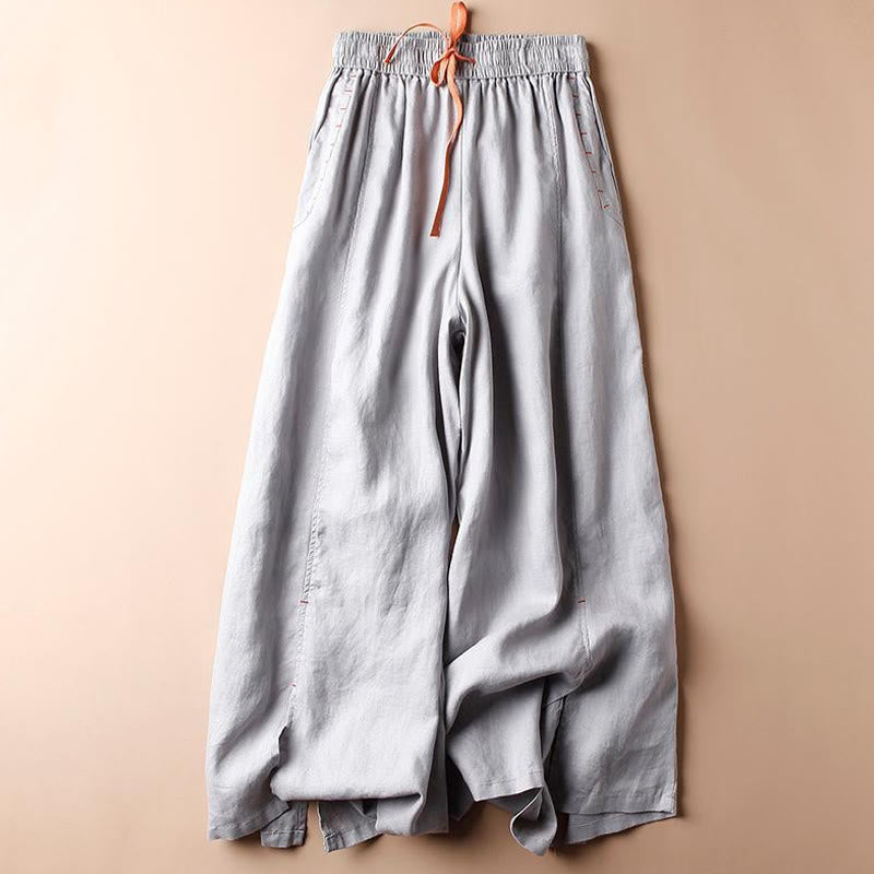 Casual Cotton Slit Hem Women's 7-8 Length Wide Leg Pants With Pockets