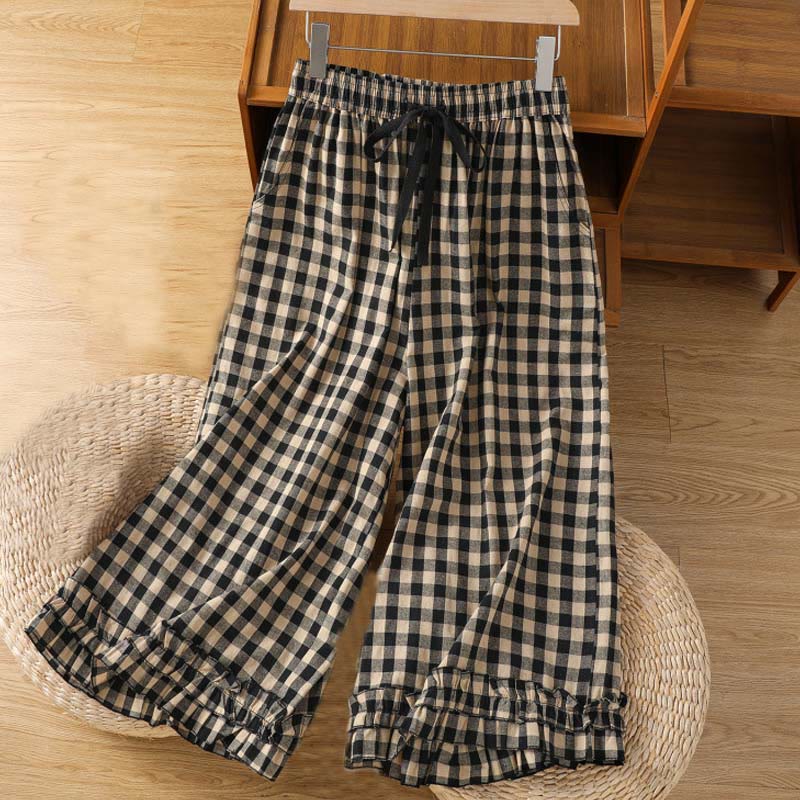 Casual Cotton Stitching Grid Women's 7-8 Length Wide Leg Pants With Pockets