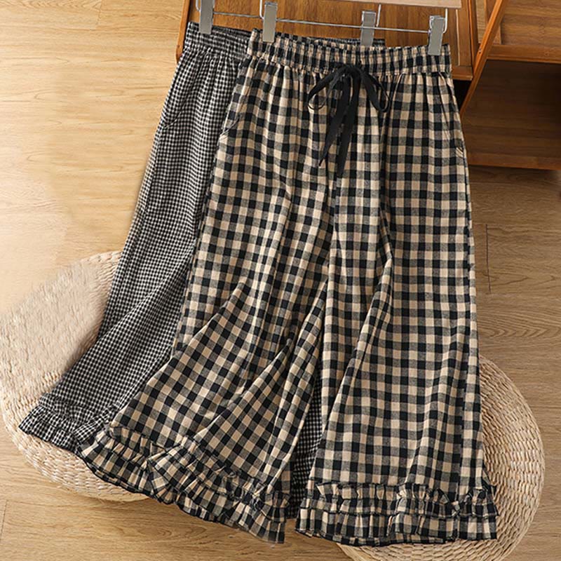 Tactile Cotton Grid Cropped Wide-Leg Meditation Pants
