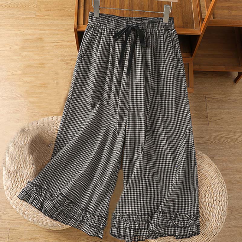Tactile Cotton Grid Cropped Wide-Leg Meditation Pants