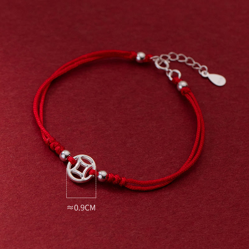 Minimalist 925 Sterling Silver Hollow Chinese Coin Red String Bracelet