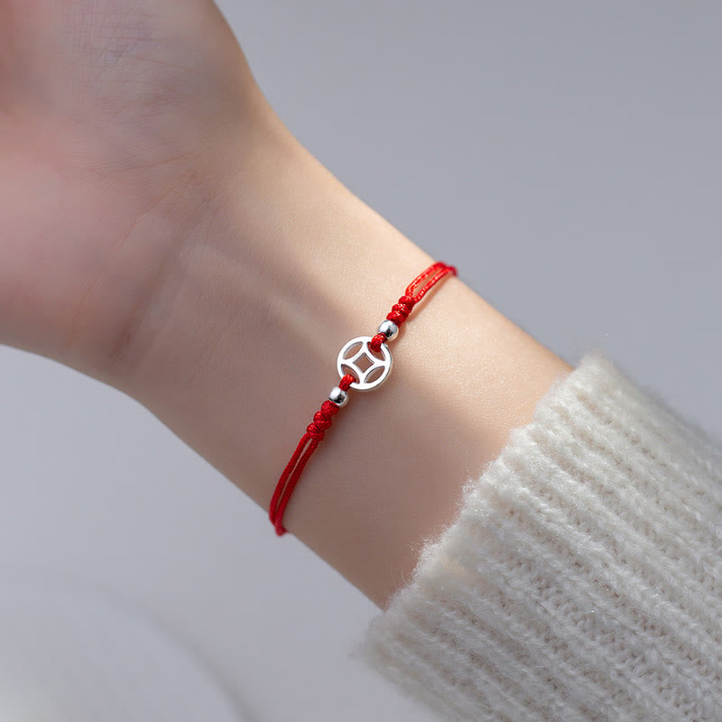 Minimalist 925 Sterling Silver Hollow Chinese Coin Red String Bracelet