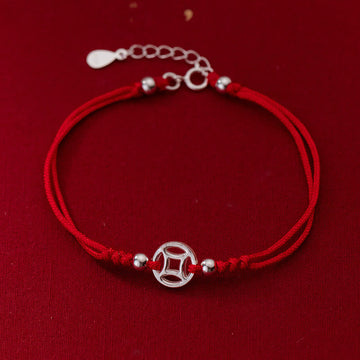 Minimalist 925 Sterling Silver Hollow Chinese Coin Red String Bracelet