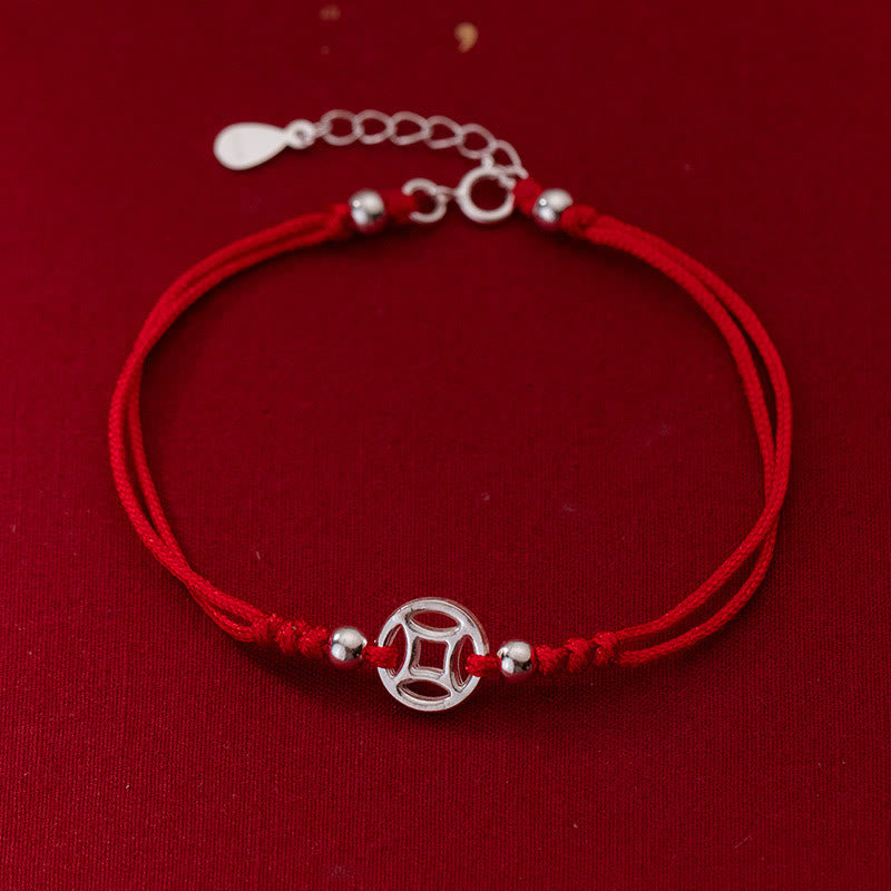 Minimalist 925 Sterling Silver Hollow Chinese Coin Red String Bracelet