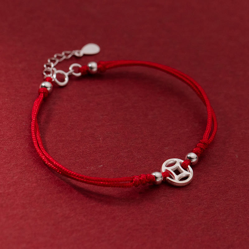 Minimalist 925 Sterling Silver Hollow Chinese Coin Red String Bracelet