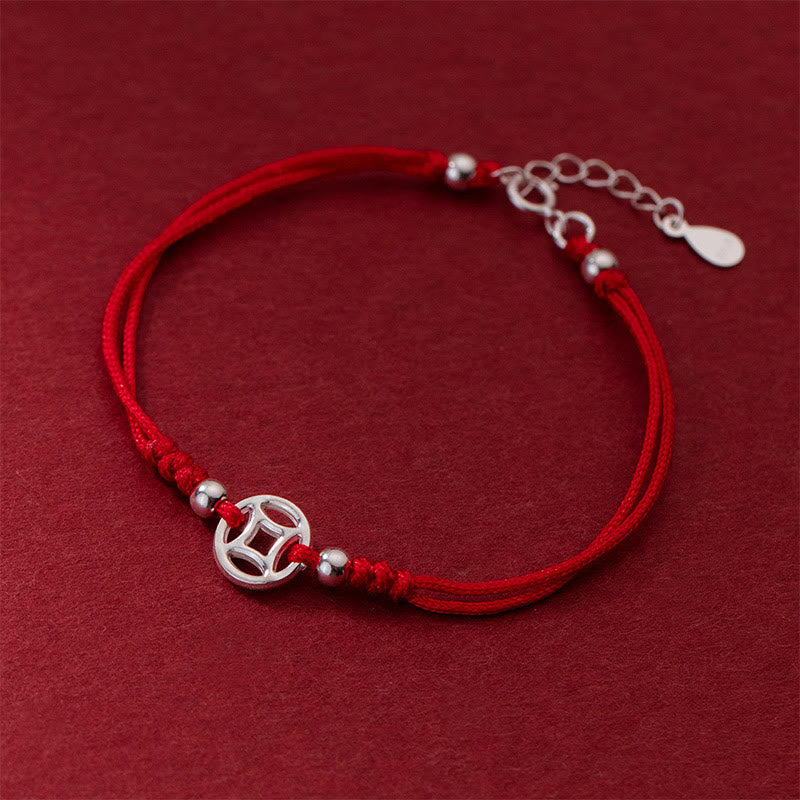 Minimalist 925 Sterling Silver Hollow Chinese Coin Red String Bracelet