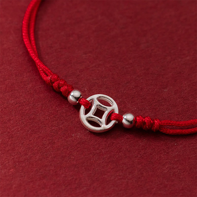 Minimalist 925 Sterling Silver Hollow Chinese Coin Red String Bracelet