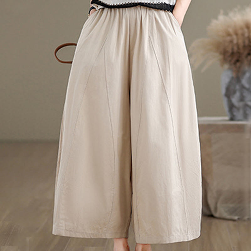 Casual Plain Cotton Women's 7-8 Length Wide Leg Pants With Pockets