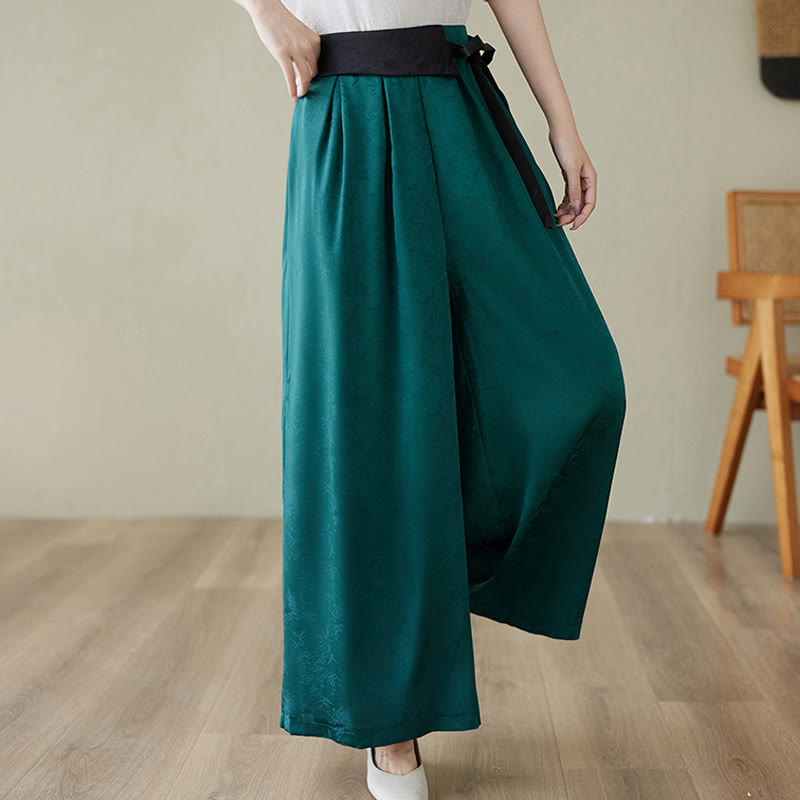 Casual Jacquard Lace-up Cotton Women's Wide Leg Pants With Pockets
