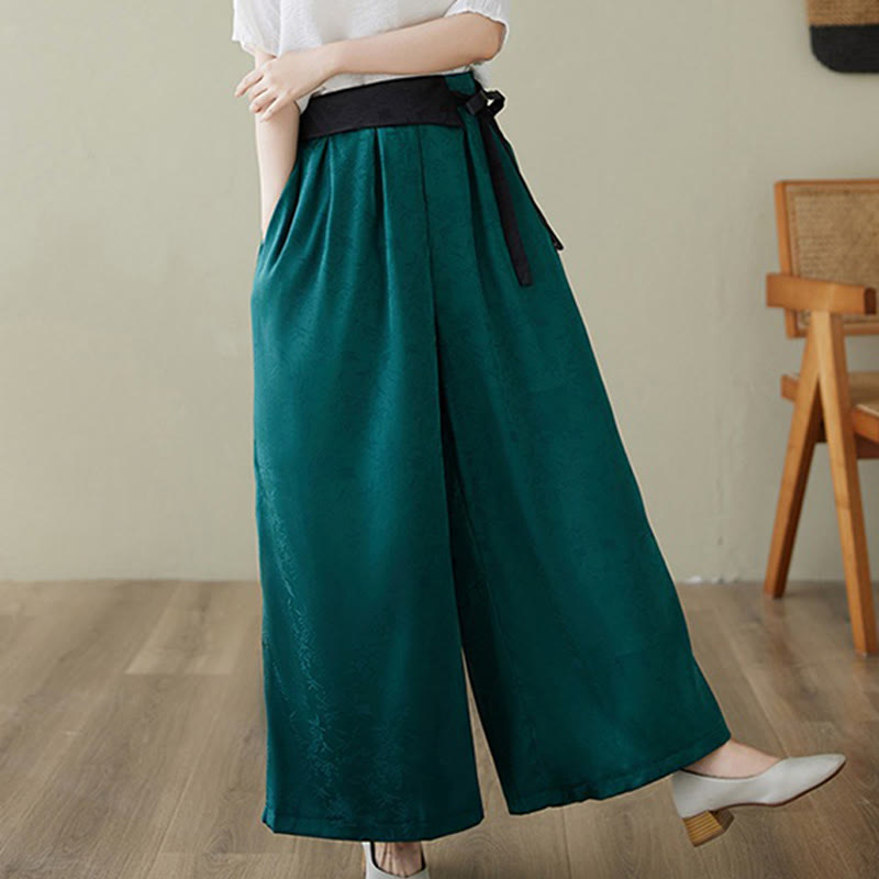 Casual Jacquard Lace-up Cotton Women's Wide Leg Pants With Pockets