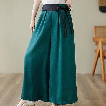 Casual Jacquard Lace-up Cotton Women's Wide Leg Pants With Pockets