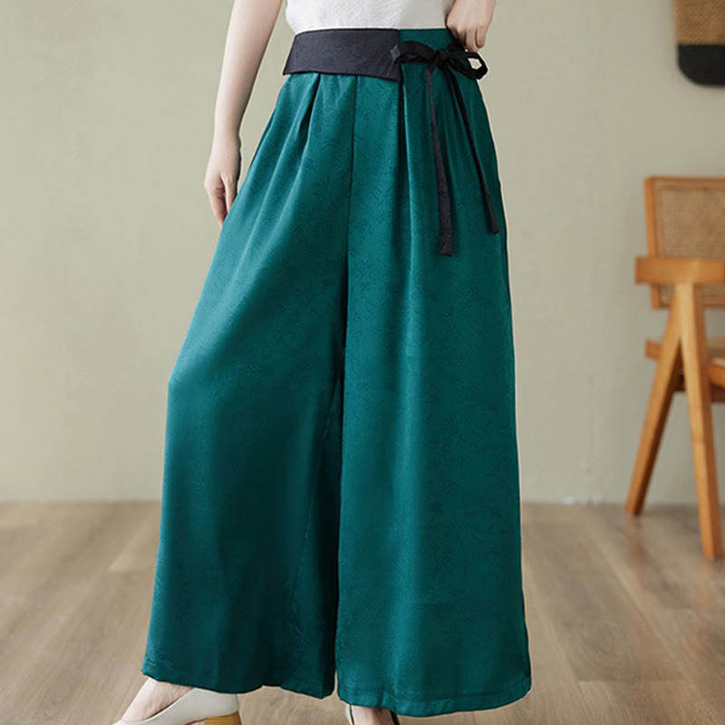Casual Jacquard Lace-up Cotton Women's Wide Leg Pants With Pockets