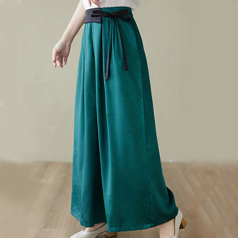 Casual Jacquard Lace-up Cotton Women's Wide Leg Pants With Pockets