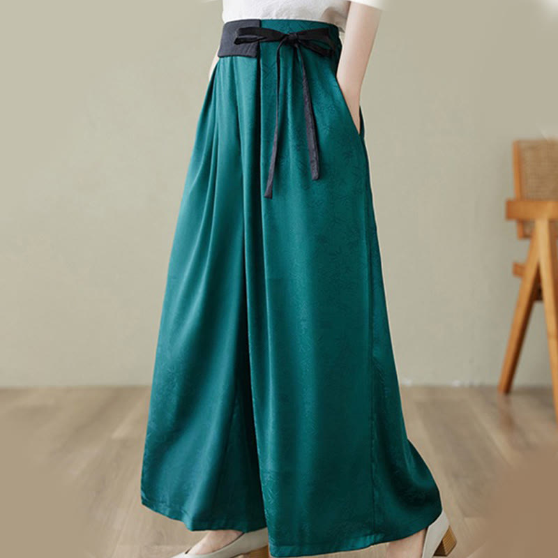 Casual Jacquard Lace-up Cotton Women's Wide Leg Pants With Pockets