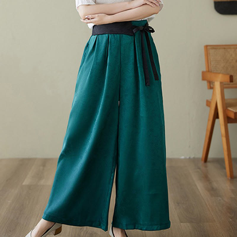 Casual Jacquard Lace-up Cotton Women's Wide Leg Pants With Pockets