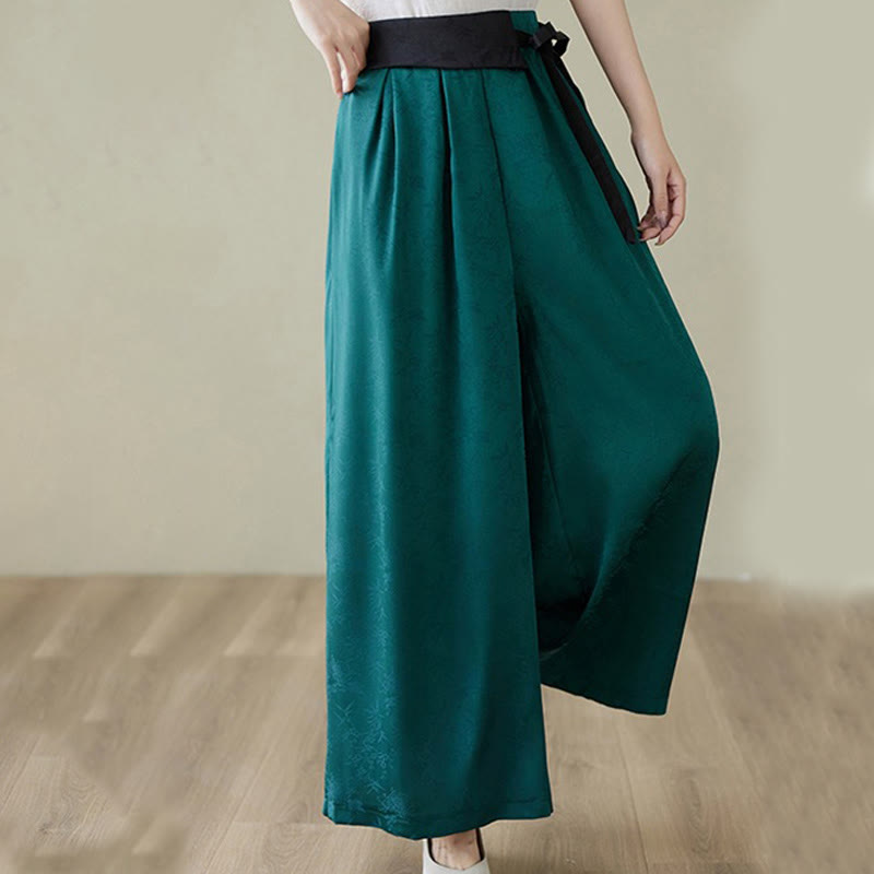 Casual Jacquard Lace-up Cotton Women's Wide Leg Pants With Pockets