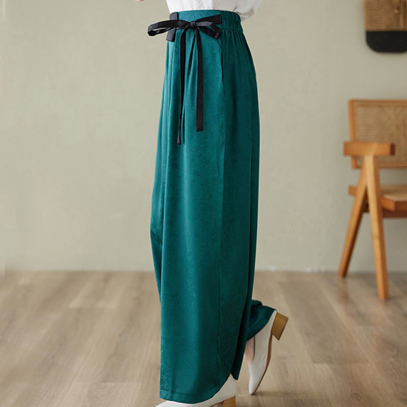 Casual Jacquard Lace-up Cotton Women's Wide Leg Pants With Pockets