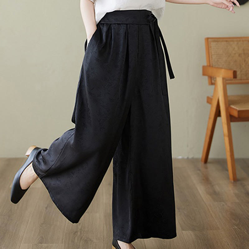 Casual Jacquard Lace-up Cotton Women's Wide Leg Pants With Pockets