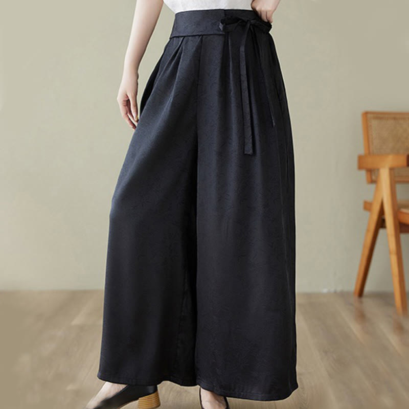 Casual Jacquard Lace-up Cotton Women's Wide Leg Pants With Pockets