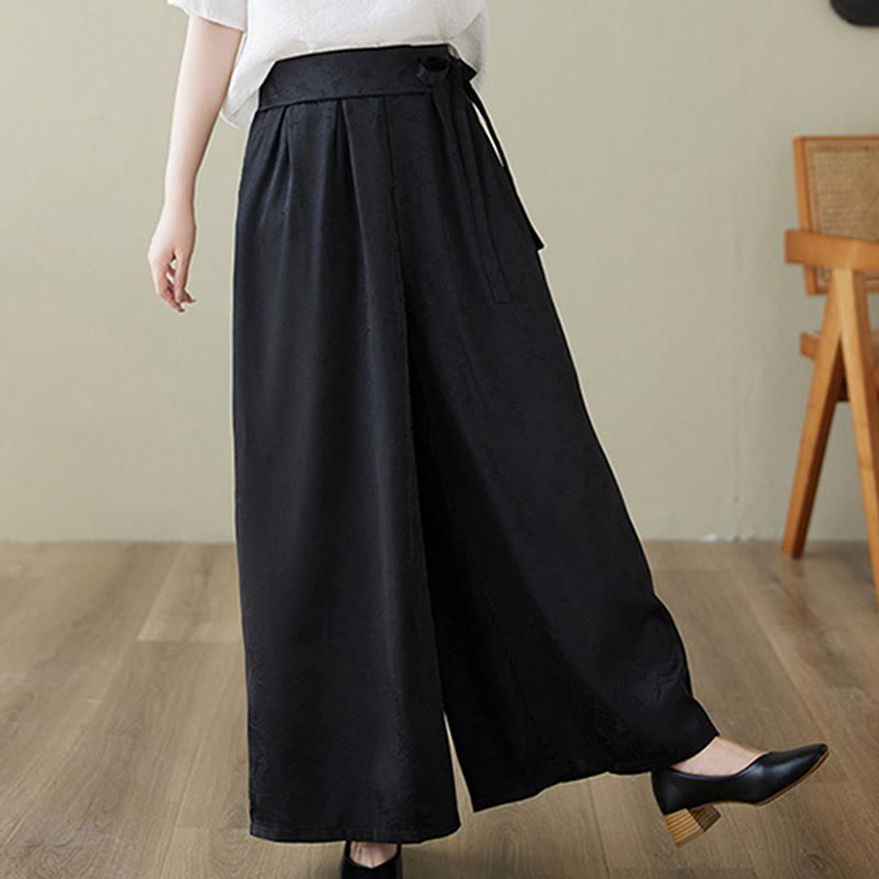 Casual Jacquard Lace-up Cotton Women's Wide Leg Pants With Pockets