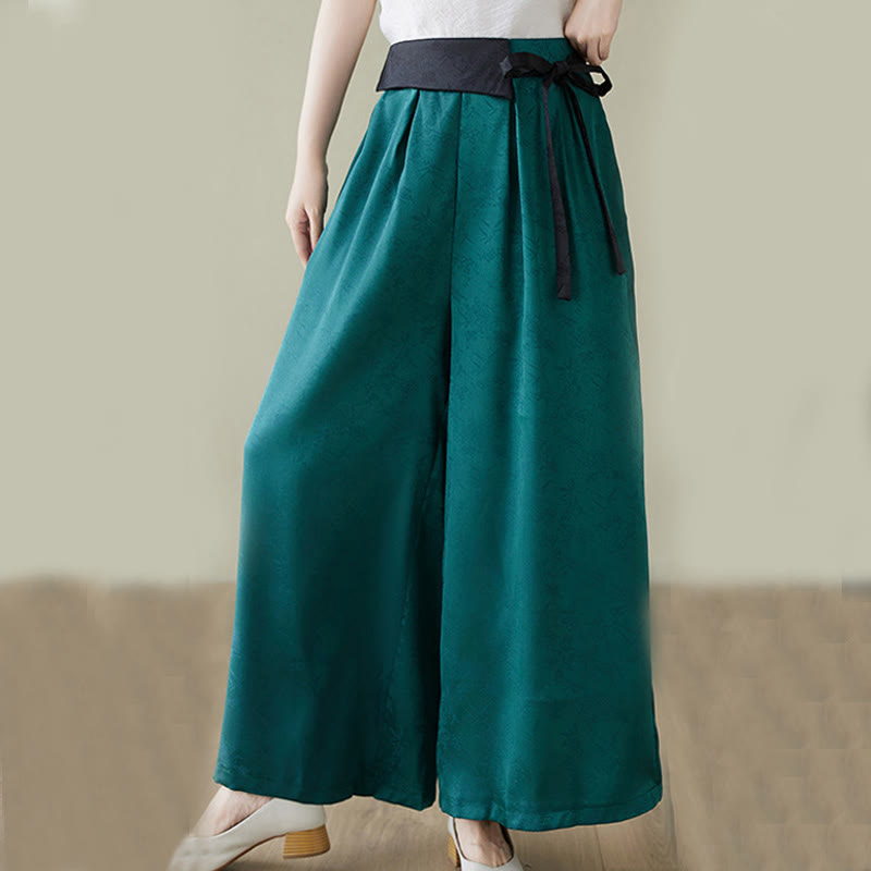 Casual Jacquard Lace-up Cotton Women's Wide Leg Pants With Pockets