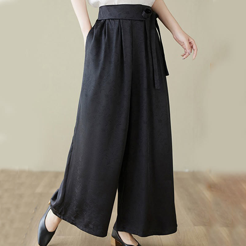 Casual Jacquard Lace-up Cotton Women's Wide Leg Pants With Pockets