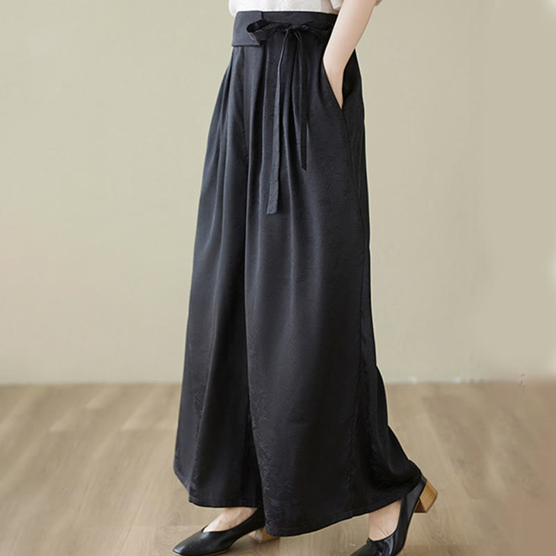 Casual Jacquard Lace-up Cotton Women's Wide Leg Pants With Pockets