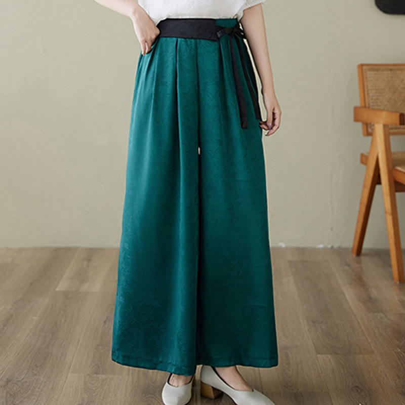 Casual Jacquard Lace-up Cotton Women's Wide Leg Pants With Pockets