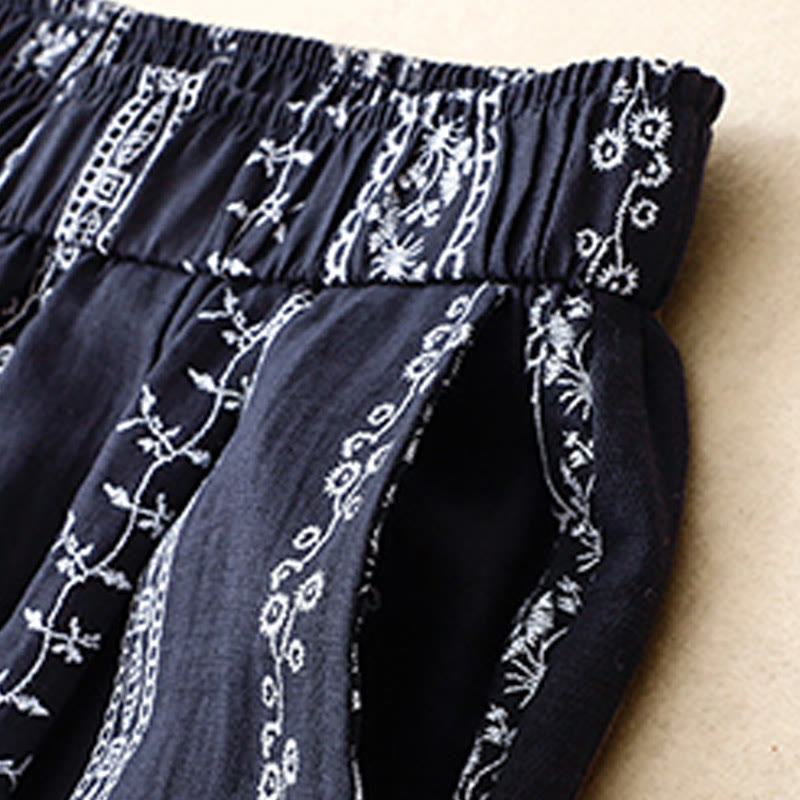 Casual Vertical Printing Cotton Linen Women's Wide Leg Pants With Pockets