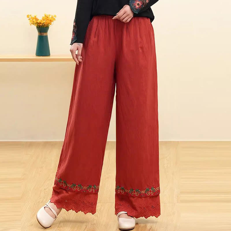 Casual Embroidered Lace Cotton Linen Women's Wide Leg Pants With Pockets