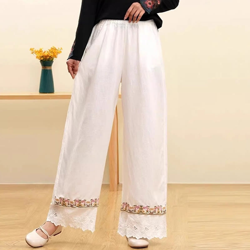 Cotton Linen Embroidered Wide-Leg Meditation Pants