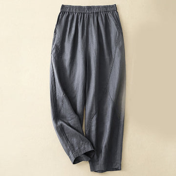 Casual Plain Cropped Pants Women's Cotton Linen Harem Pants With Pockets