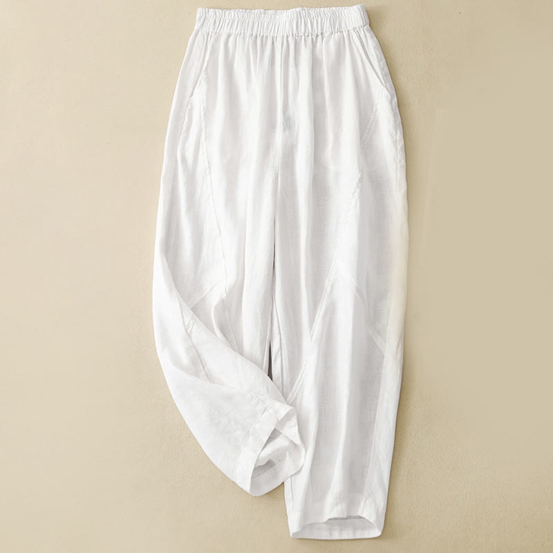 Casual Plain Cropped Pants Women's Cotton Linen Harem Pants With Pockets