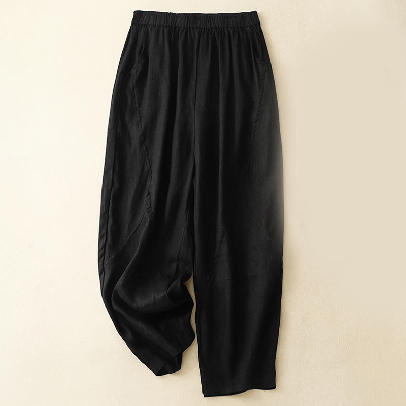 Casual Plain Cropped Pants Women's Cotton Linen Harem Pants With Pockets