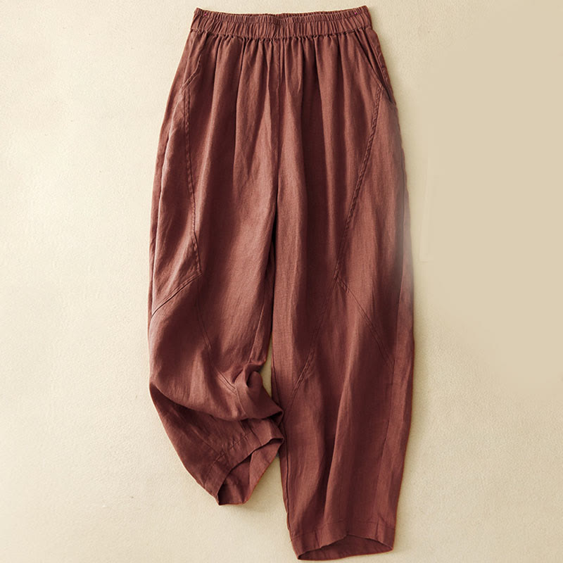 Casual Plain Cropped Pants Women's Cotton Linen Harem Pants With Pockets