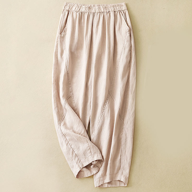 Casual Plain Cropped Pants Women's Cotton Linen Harem Pants With Pockets