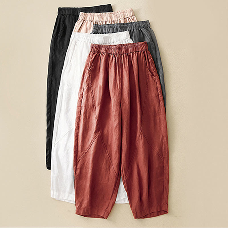 Casual Plain Cropped Pants Women's Cotton Linen Harem Pants With Pockets