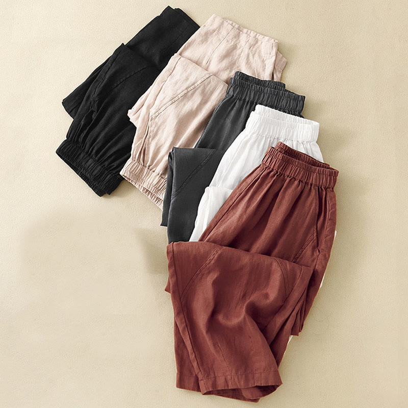 Casual Plain Cropped Pants Women's Cotton Linen Harem Pants With Pockets