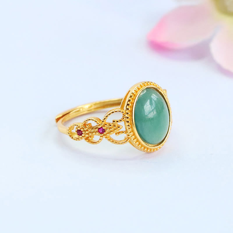 Natural Jade and 925 Sterling Silver Gold Plated Hollow Design Ring