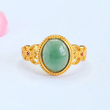 Natural Jade and 925 Sterling Silver Gold Plated Hollow Design Ring