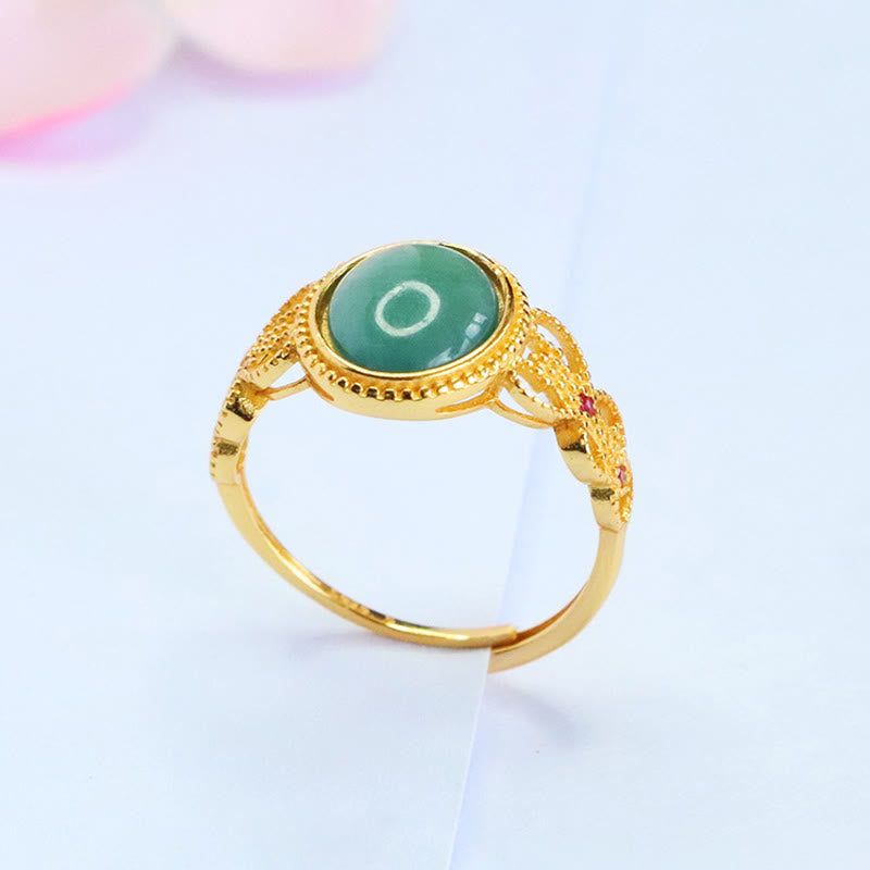Natural Jade and 925 Sterling Silver Gold Plated Hollow Design Ring