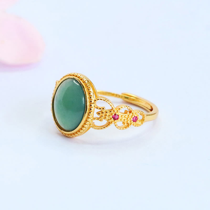 Natural Jade and 925 Sterling Silver Gold Plated Hollow Design Ring