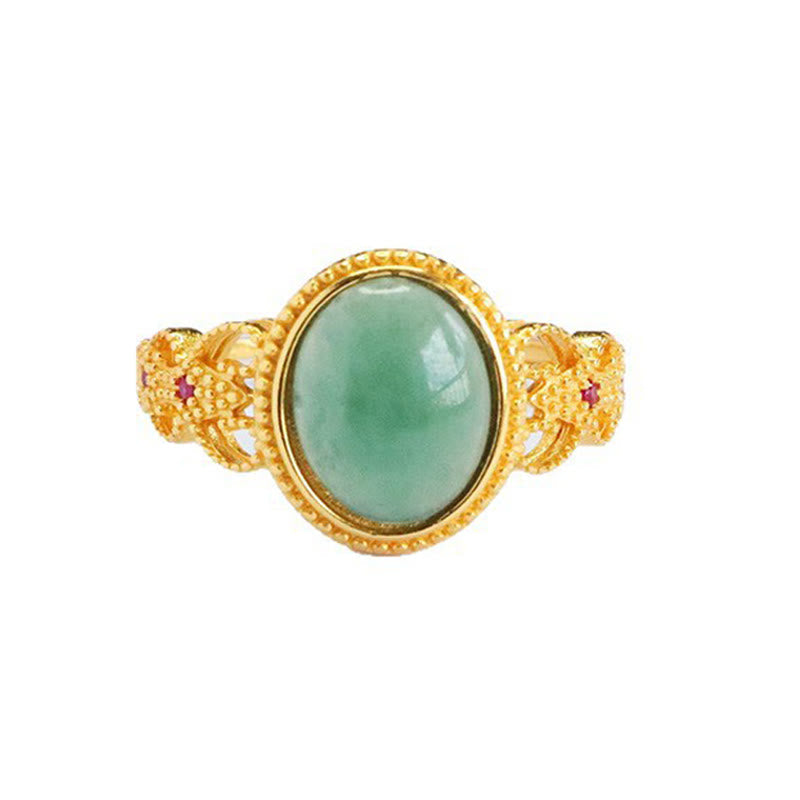Natural Jade and 925 Sterling Silver Gold Plated Hollow Design Ring
