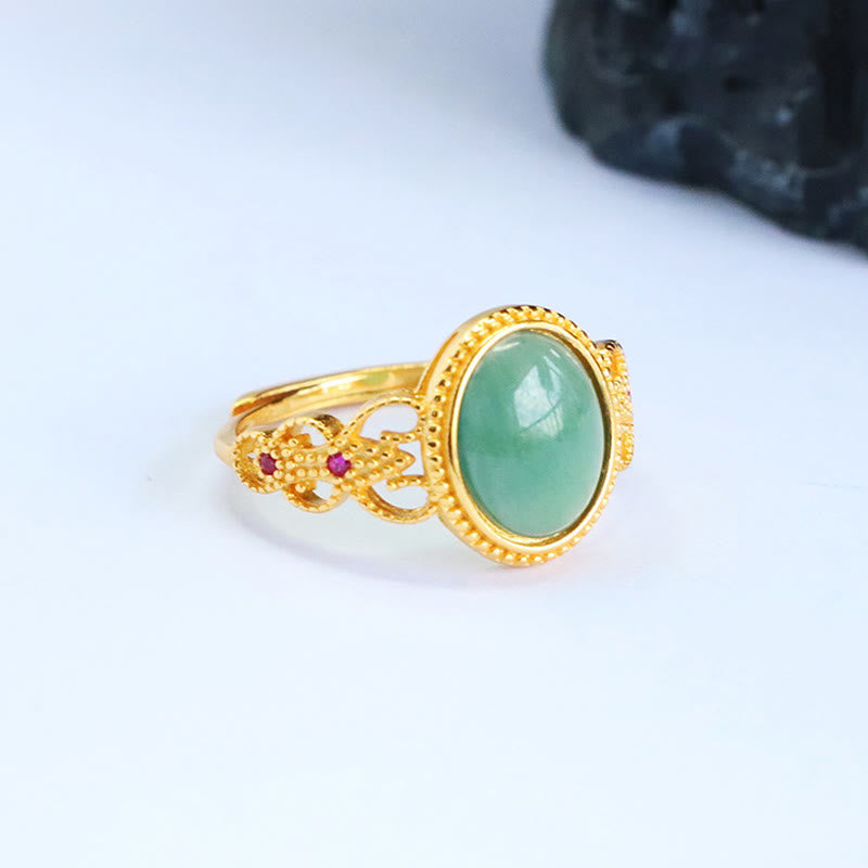 Natural Jade and 925 Sterling Silver Gold Plated Hollow Design Ring